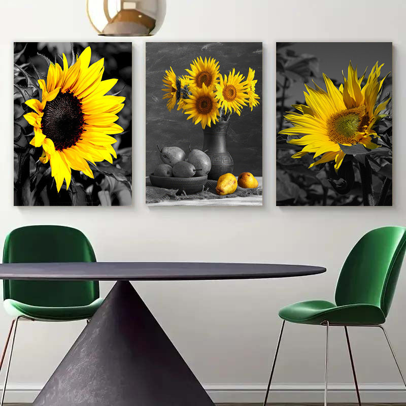 Wooden Framed 3 Piece Sunflower Wall Decor Picture Painting Black and White Poster Country Wall Art Rustic Decorative Paintings Modern Sunflowers Painting Picture for Bedroom Livin