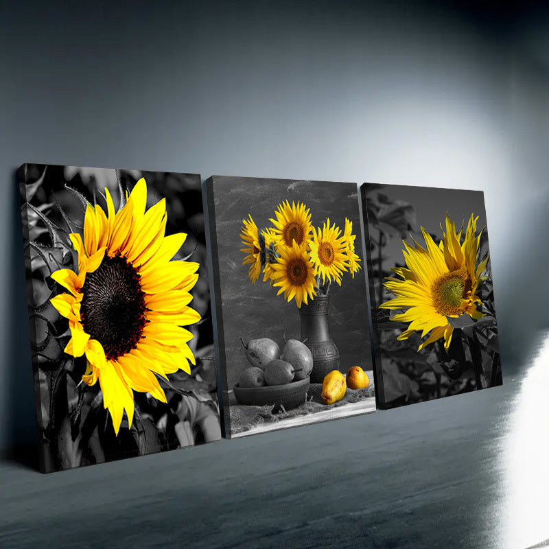 Wooden Framed 3 Piece Sunflower Wall Decor Picture Painting Black and White Poster Country Wall Art Rustic Decorative Paintings Modern Sunflowers Painting Picture for Bedroom Livin