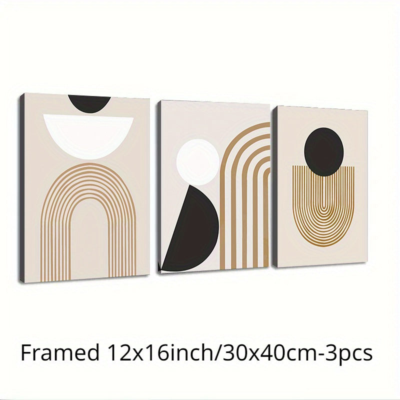 3 Piece Framed Minimalist Abstract Art Canvas - Brown, Black, and White Geometric Line Painting - Modern Aesthetic Wall Decor for Bedroom, Living Room, and Office