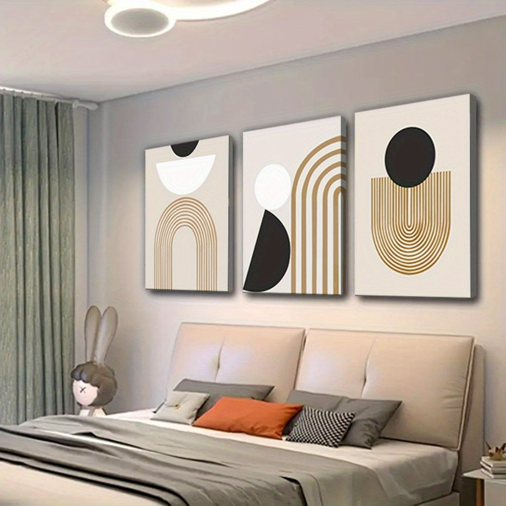 3 Piece Framed Minimalist Abstract Art Canvas - Brown, Black, and White Geometric Line Painting - Modern Aesthetic Wall Decor for Bedroom, Living Room, and Office