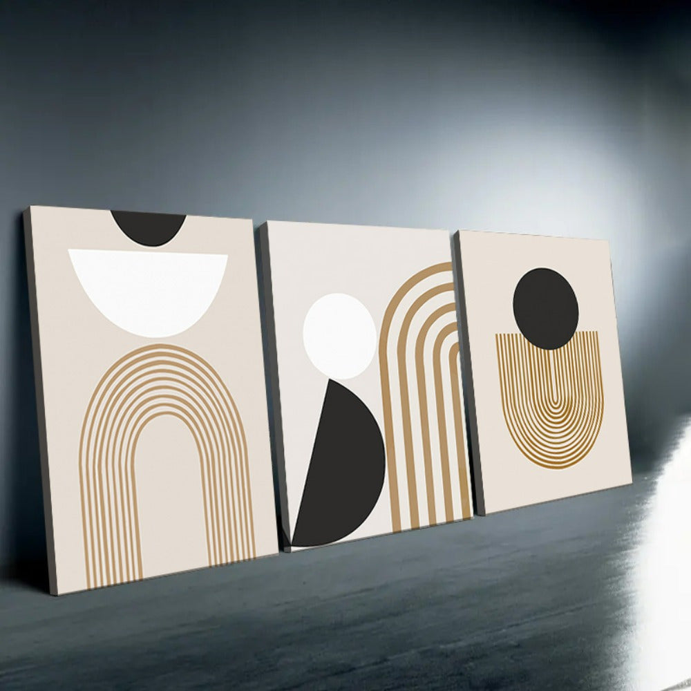 3 Piece Framed Minimalist Abstract Art Canvas - Brown, Black, and White Geometric Line Painting - Modern Aesthetic Wall Decor for Bedroom, Living Room, and Office