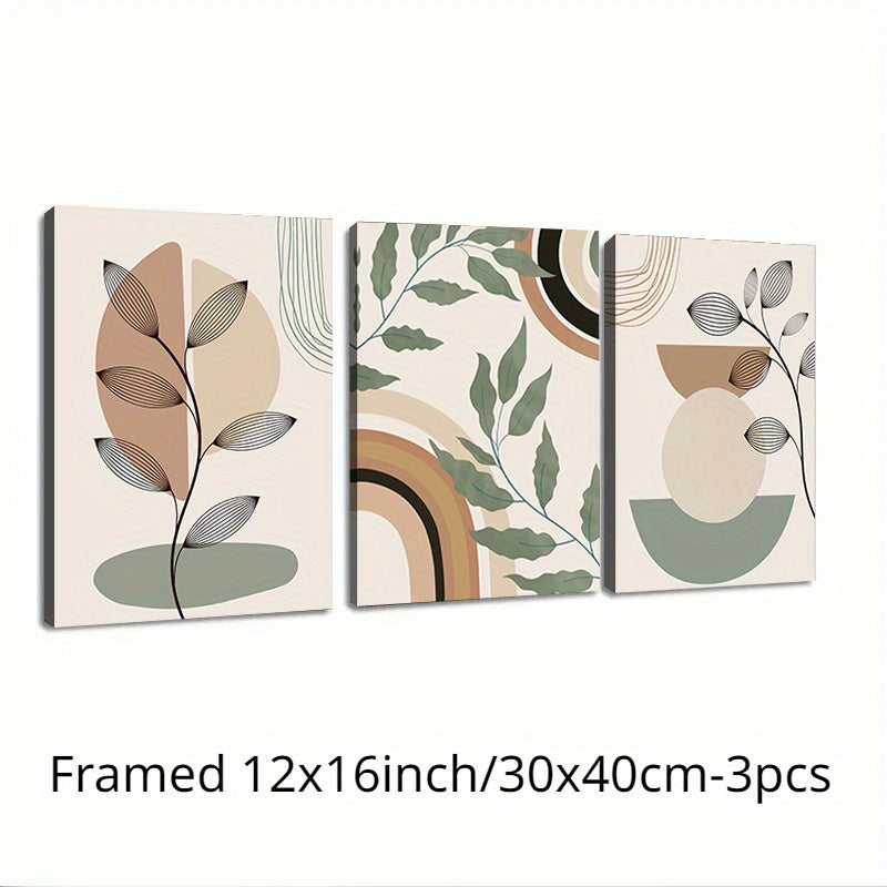 3 Piece Framed Minimalist Botanical Geometric Print for Mid Century Modern Living Room Office Bedroom Decoration - Premium Quality, Ready to Hang, Easy to Install, Unique Bohemian Wall Decor