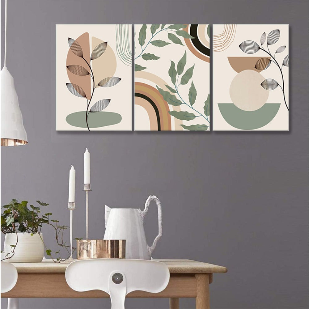 3 Piece Framed Minimalist Botanical Geometric Print for Mid Century Modern Living Room Office Bedroom Decoration - Premium Quality, Ready to Hang, Easy to Install, Unique Bohemian Wall Decor