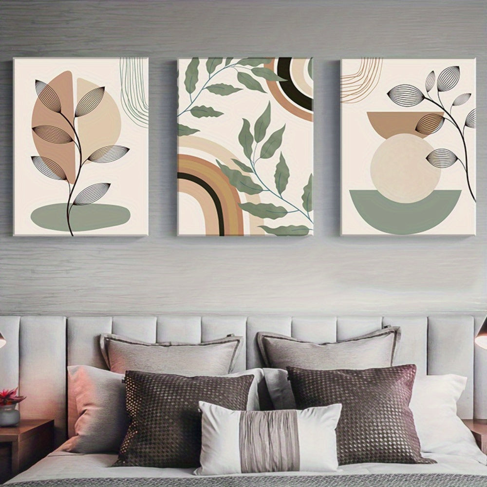 3 Piece Framed Minimalist Botanical Geometric Print for Mid Century Modern Living Room Office Bedroom Decoration - Premium Quality, Ready to Hang, Easy to Install, Unique Bohemian Wall Decor