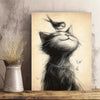 1pc 40*60cm/ 16*24in Modern Art Canvas Poster with Wooden Framed, Cat and Bird Printed Painting on Black and White Canvas Wall Decoration, Bedroom, Bathroom, Dining Room, Kitchen Decoration Paintin