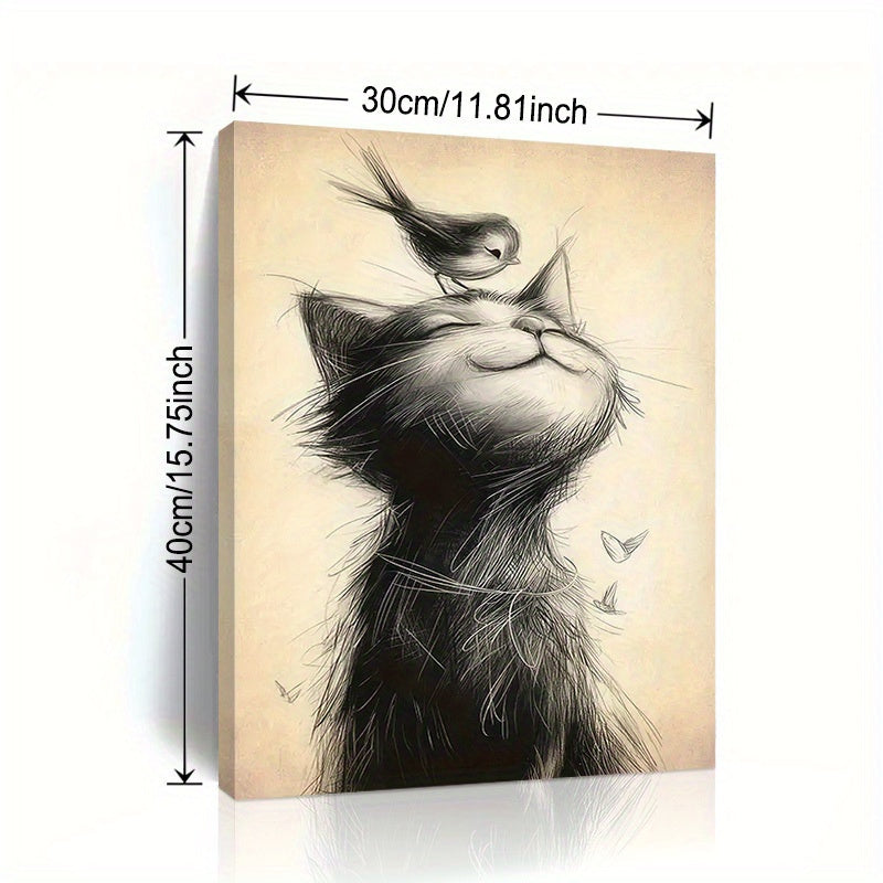 1pc 40*60cm/ 16*24in Modern Art Canvas Poster with Wooden Framed, Cat and Bird Printed Painting on Black and White Canvas Wall Decoration, Bedroom, Bathroom, Dining Room, Kitchen Decoration Paintin