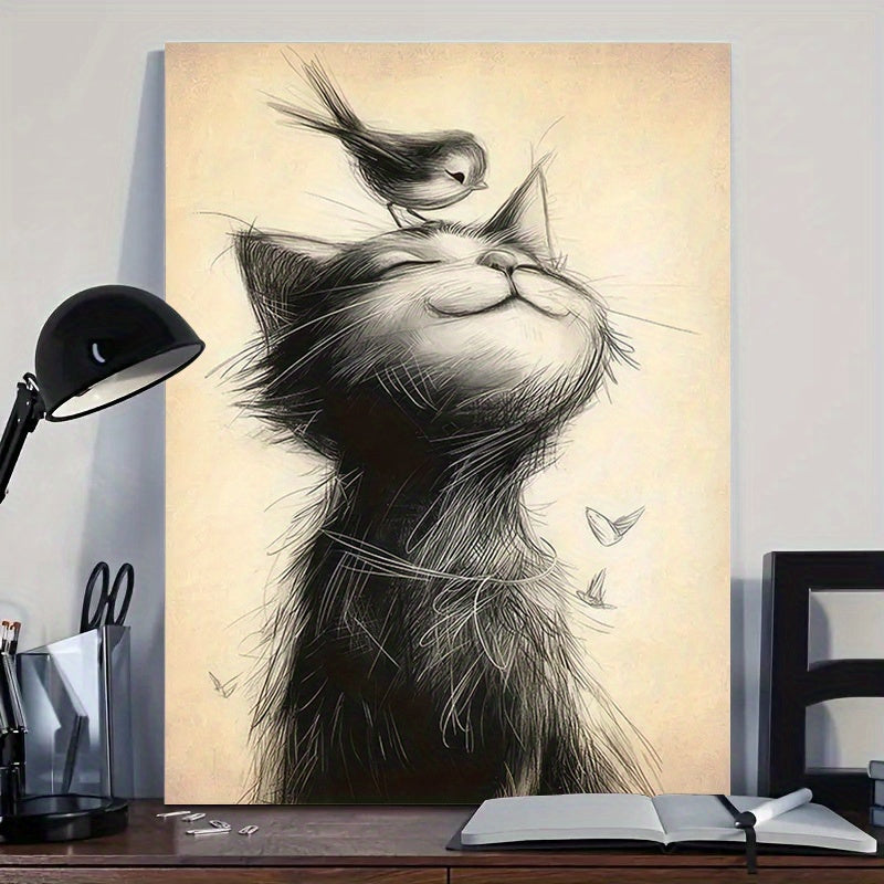 1pc 40*60cm/ 16*24in Modern Art Canvas Poster with Wooden Framed, Cat and Bird Printed Painting on Black and White Canvas Wall Decoration, Bedroom, Bathroom, Dining Room, Kitchen Decoration Paintin