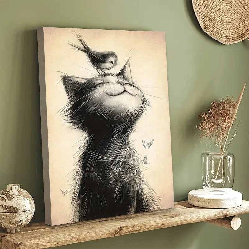 1pc 40*60cm/ 16*24in Modern Art Canvas Poster with Wooden Framed, Cat and Bird Printed Painting on Black and White Canvas Wall Decoration, Bedroom, Bathroom, Dining Room, Kitchen Decoration Paintin