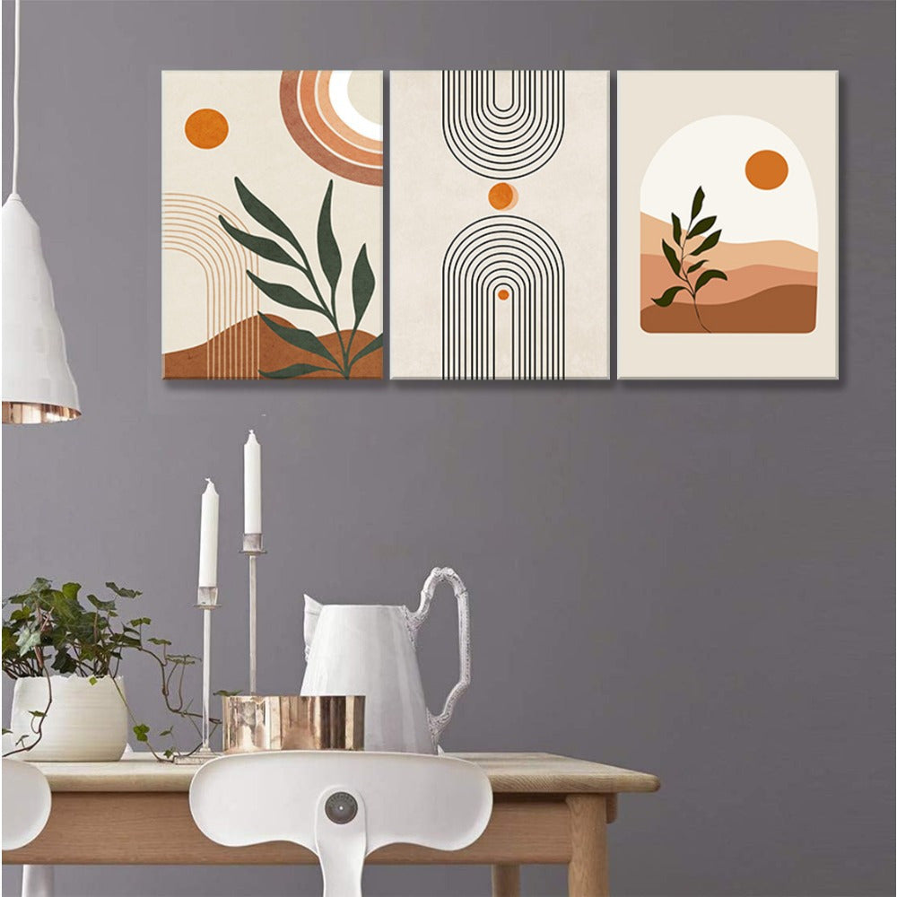 Framed 3 Piece Abstract Boho Canvas Poster Mid-Century Modern Art Sun Nature Geometric Wall Art Landscape Plant Prints Ideal Gift for Bedroom Living Room Office Home Living Room Decor