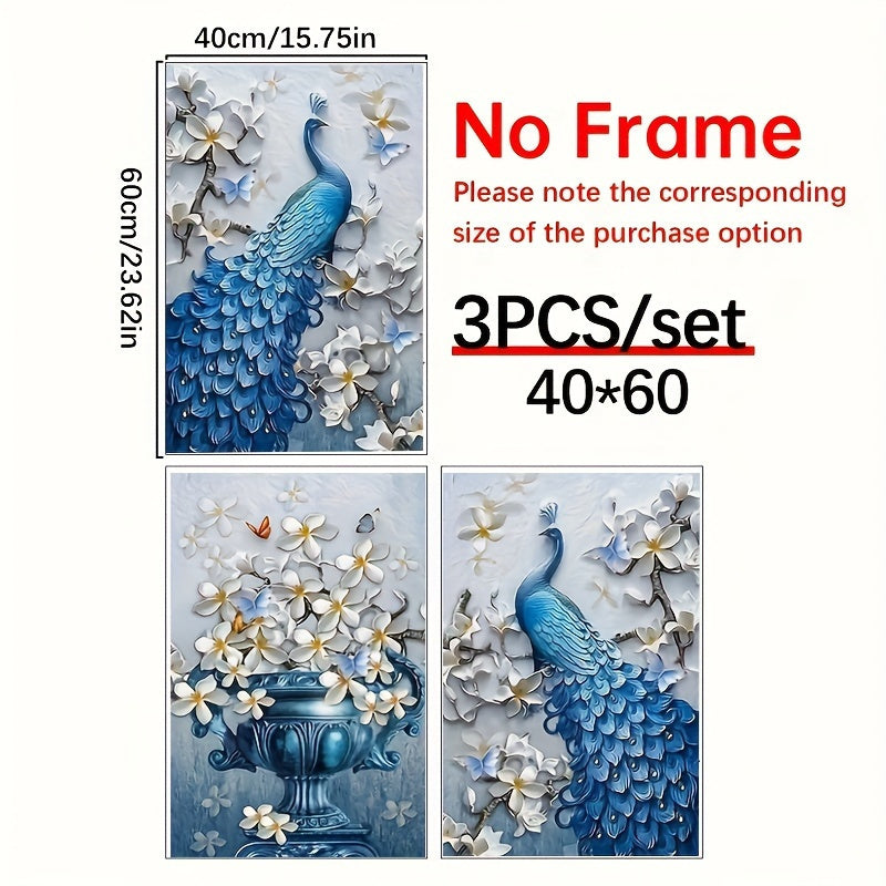 3pcs, 15.7x23.6in/ 40cmx60cm Wooden Framed Vintage Peacock Wall Canvas - Elegant Living Room Decor for Home Decorating