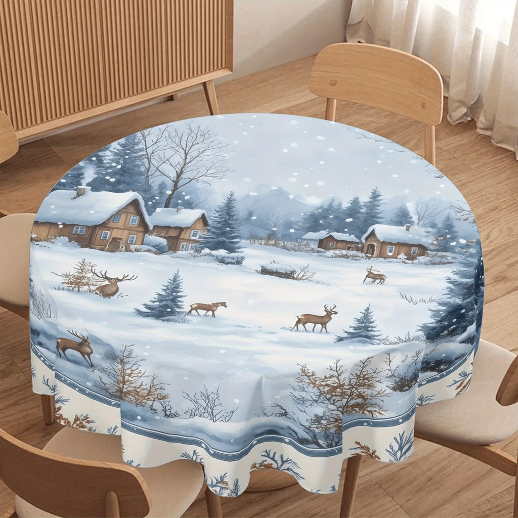 Winter Wonderland Polyester Round Tablecloth - Machine Woven 100% Polyester Fabric, Fits Tables up to 60 Inches for Christmas Season Decor, 1Pc