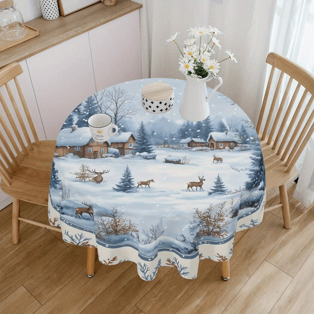 Winter Wonderland Polyester Round Tablecloth - Machine Woven 100% Polyester Fabric, Fits Tables up to 60 Inches for Christmas Season Decor, 1Pc