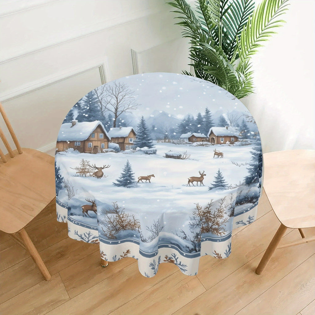 Winter Wonderland Polyester Round Tablecloth - Machine Woven 100% Polyester Fabric, Fits Tables up to 60 Inches for Christmas Season Decor, 1Pc