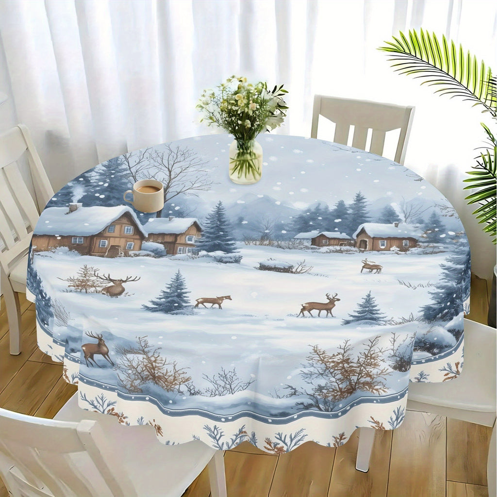 Winter Wonderland Polyester Round Tablecloth - Machine Woven 100% Polyester Fabric, Fits Tables up to 60 Inches for Christmas Season Decor, 1Pc