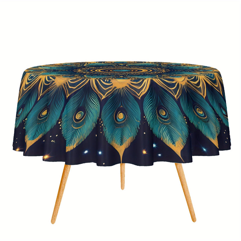 Peacock Mandala Round Tablecloth 60 Inch - Polyester Woven Machine Made, Elegant Peacock Feather & Star Design Table Cover for All Season Decor, Fits 20"-47" Tables, Seats 4-6