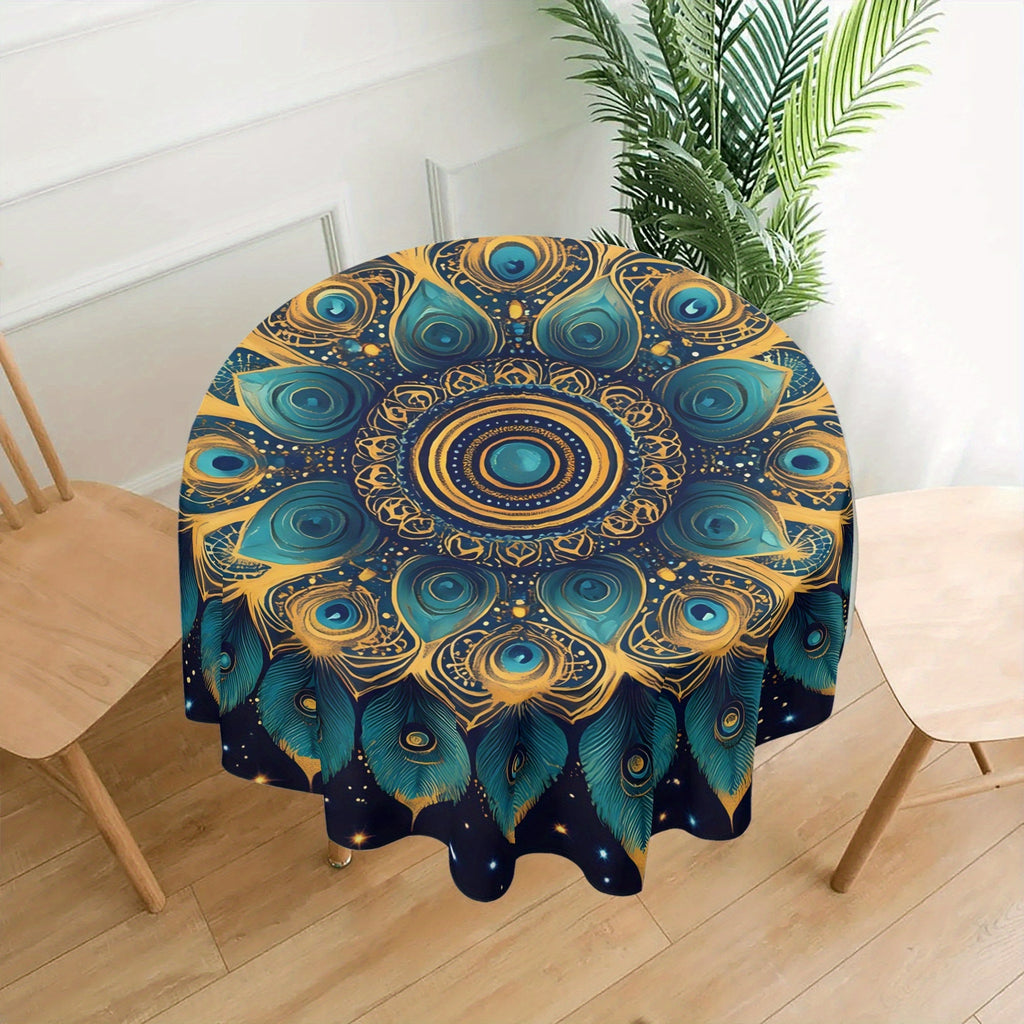 Peacock Mandala Round Tablecloth 60 Inch - Polyester Woven Machine Made, Elegant Peacock Feather & Star Design Table Cover for All Season Decor, Fits 20"-47" Tables, Seats 4-6