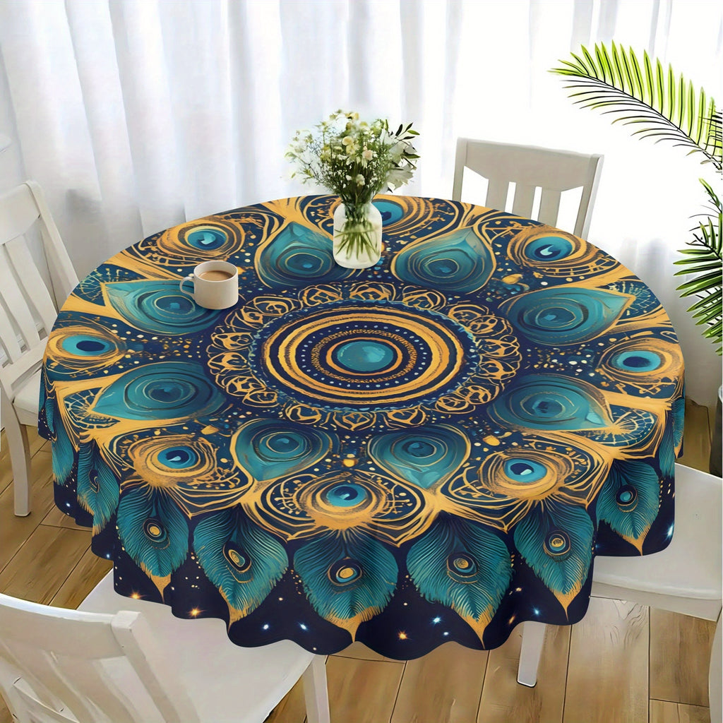 Peacock Mandala Round Tablecloth 60 Inch - Polyester Woven Machine Made, Elegant Peacock Feather & Star Design Table Cover for All Season Decor, Fits 20"-47" Tables, Seats 4-6