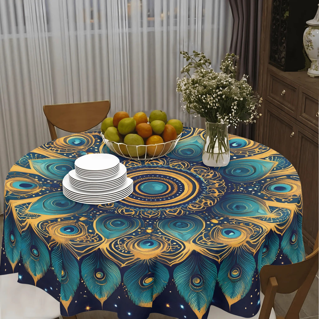 Peacock Mandala Round Tablecloth 60 Inch - Polyester Woven Machine Made, Elegant Peacock Feather & Star Design Table Cover for All Season Decor, Fits 20"-47" Tables, Seats 4-6