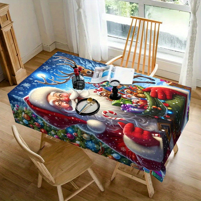 1pc Waterproof Christmas Tablecloth with Santa Claus and Reindeer Pattern - 100% Polyester Square Table Cover, Wrinkle-Resistant and Machine Woven for Holiday Party, Lunch, Dinner Decoration