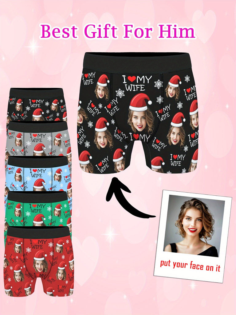 Christmas Hat Print Personalized Men's Boxer Briefs – Custom Face Photo Boxers – Unique Valentine's Day, Anniversary, Wedding Gift – Noval DIY Underwear