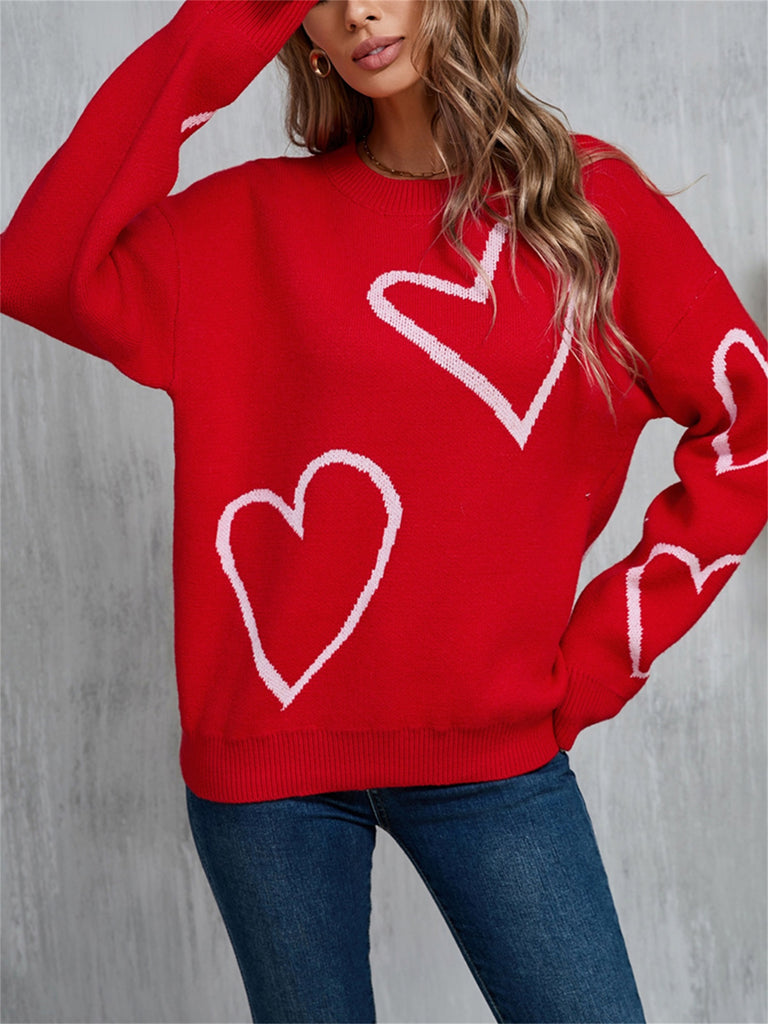 Cozy Heart Print Knit Sweater for Women - Casual Long Sleeve Pullover, Warm & Stylish, Machine Washable