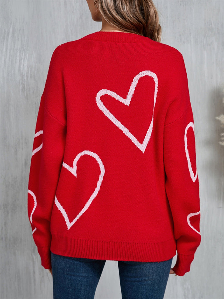 Cozy Heart Print Knit Sweater for Women - Casual Long Sleeve Pullover, Warm & Stylish, Machine Washable