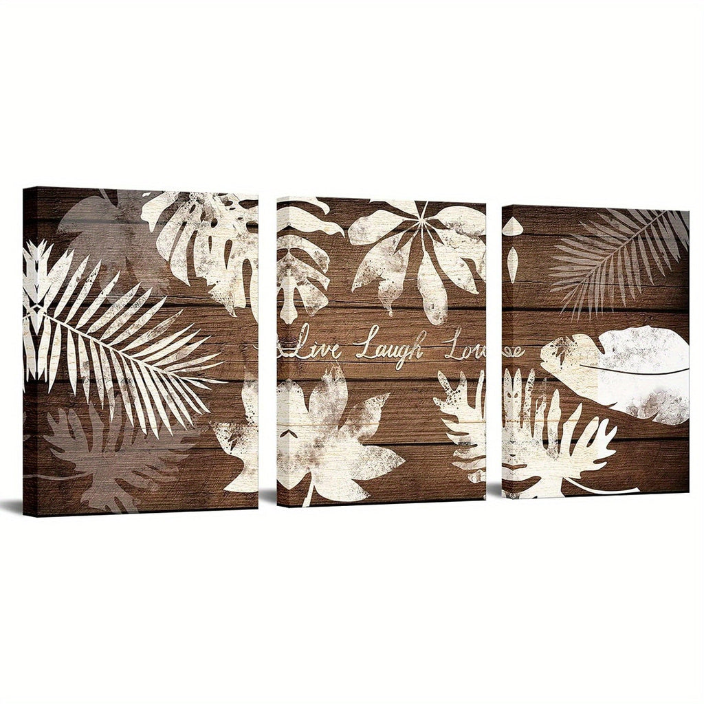 3 Piece Wall Art Tropical Palm Leaves Posster Painting Live Laugh Love Quote Wall Decor Botanical Leaves on Vintage Wood Pictures Art Print Rustic Bedroom Bathroom Decoration Framed