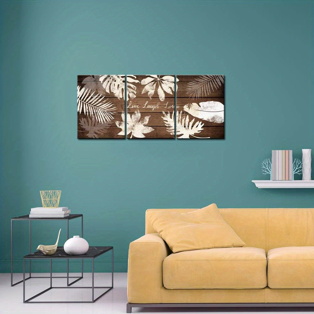 3 Piece Wall Art Tropical Palm Leaves Posster Painting Live Laugh Love Quote Wall Decor Botanical Leaves on Vintage Wood Pictures Art Print Rustic Bedroom Bathroom Decoration Framed