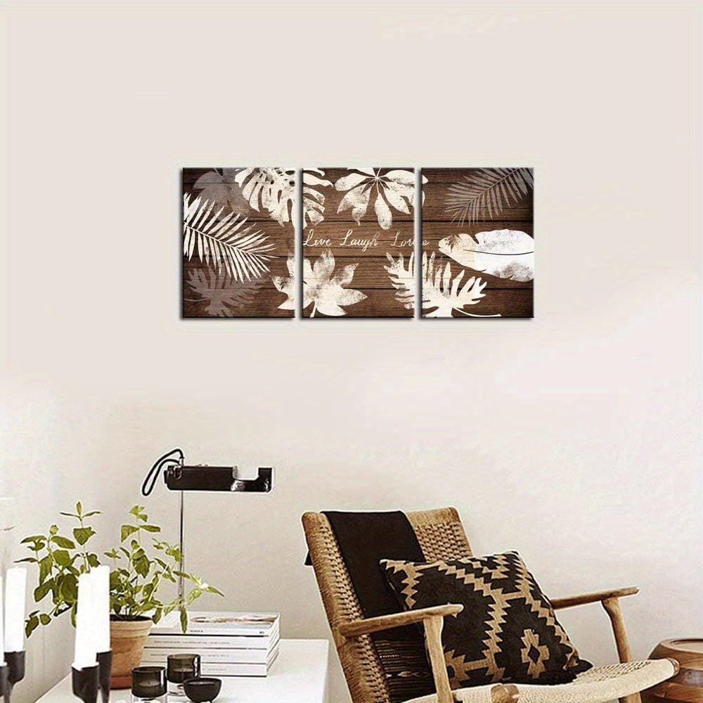 3 Piece Wall Art Tropical Palm Leaves Posster Painting Live Laugh Love Quote Wall Decor Botanical Leaves on Vintage Wood Pictures Art Print Rustic Bedroom Bathroom Decoration Framed