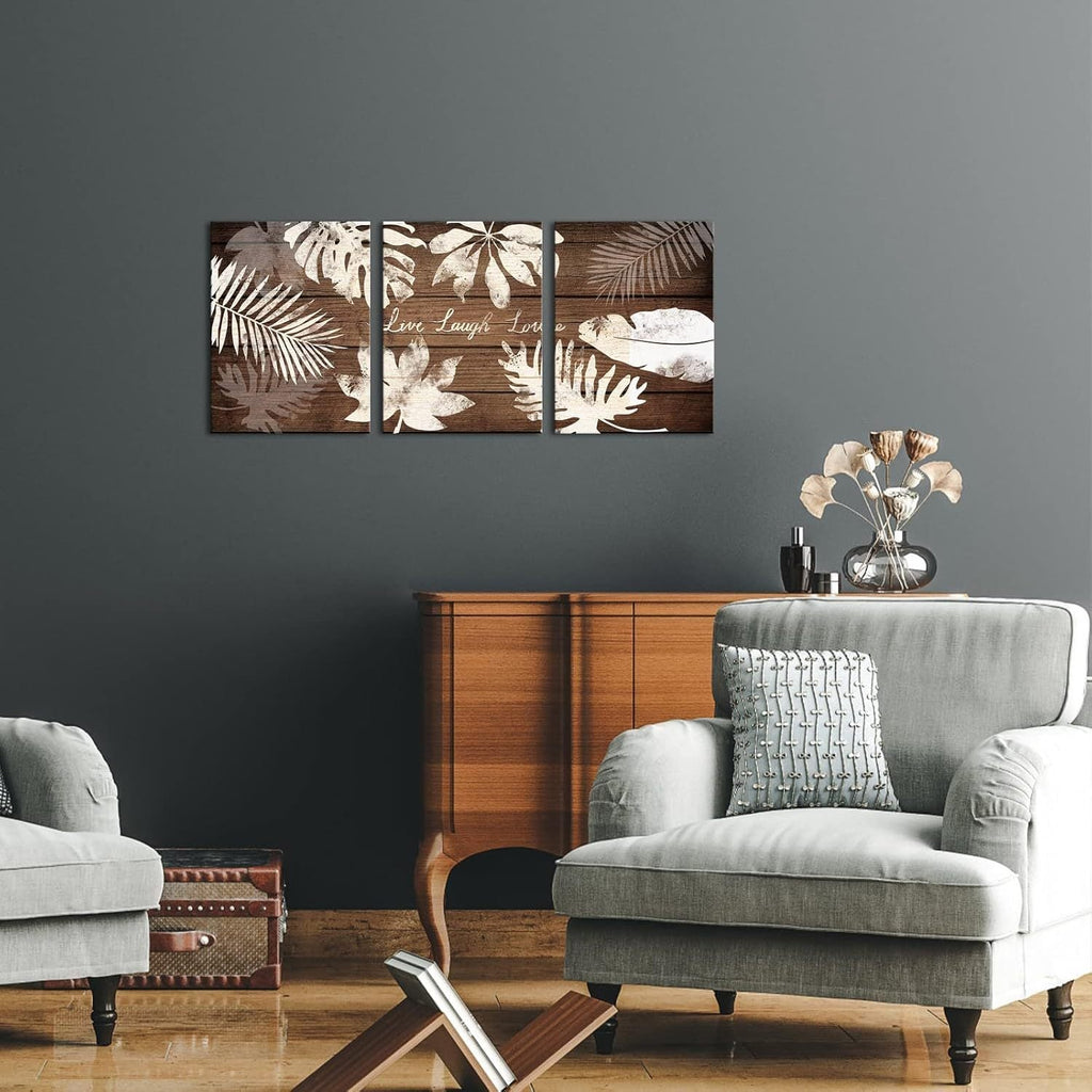 3 Piece Wall Art Tropical Palm Leaves Posster Painting Live Laugh Love Quote Wall Decor Botanical Leaves on Vintage Wood Pictures Art Print Rustic Bedroom Bathroom Decoration Framed
