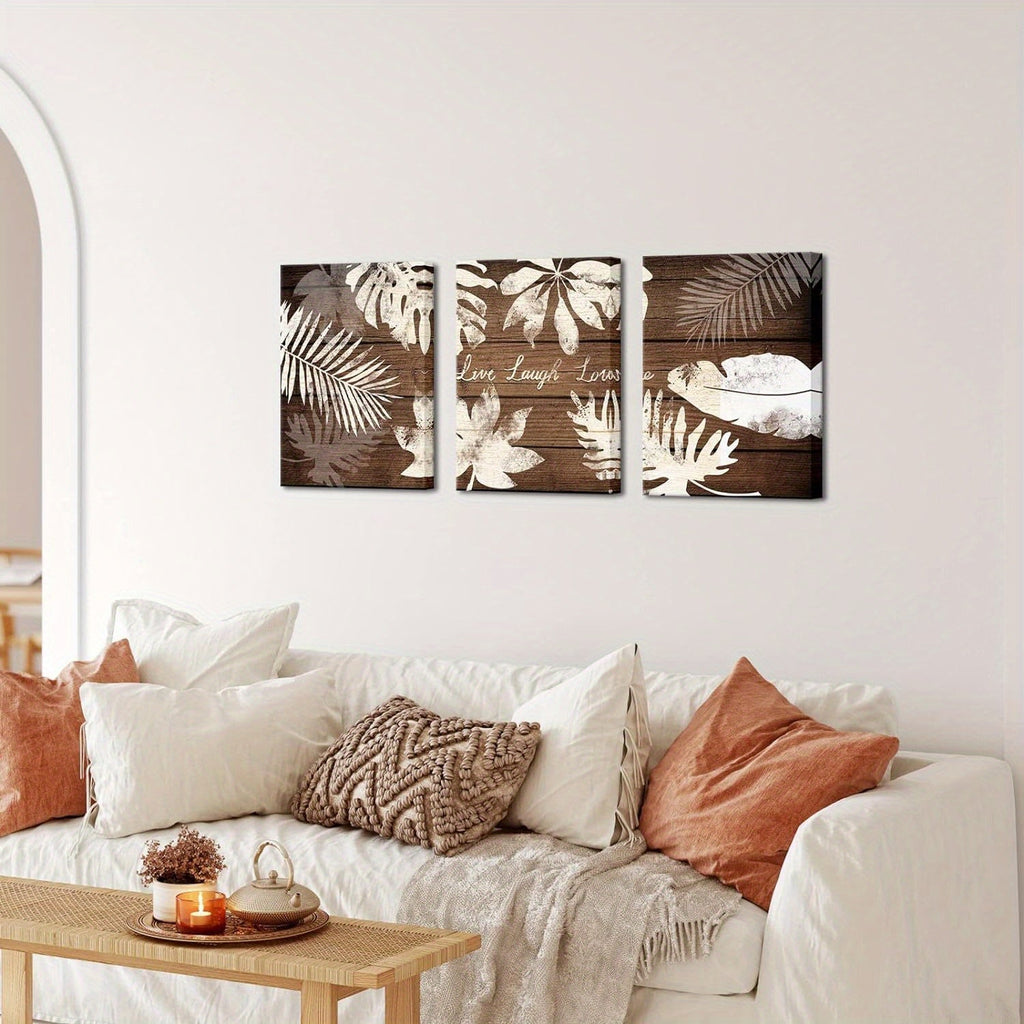 3 Piece Wall Art Tropical Palm Leaves Posster Painting Live Laugh Love Quote Wall Decor Botanical Leaves on Vintage Wood Pictures Art Print Rustic Bedroom Bathroom Decoration Framed