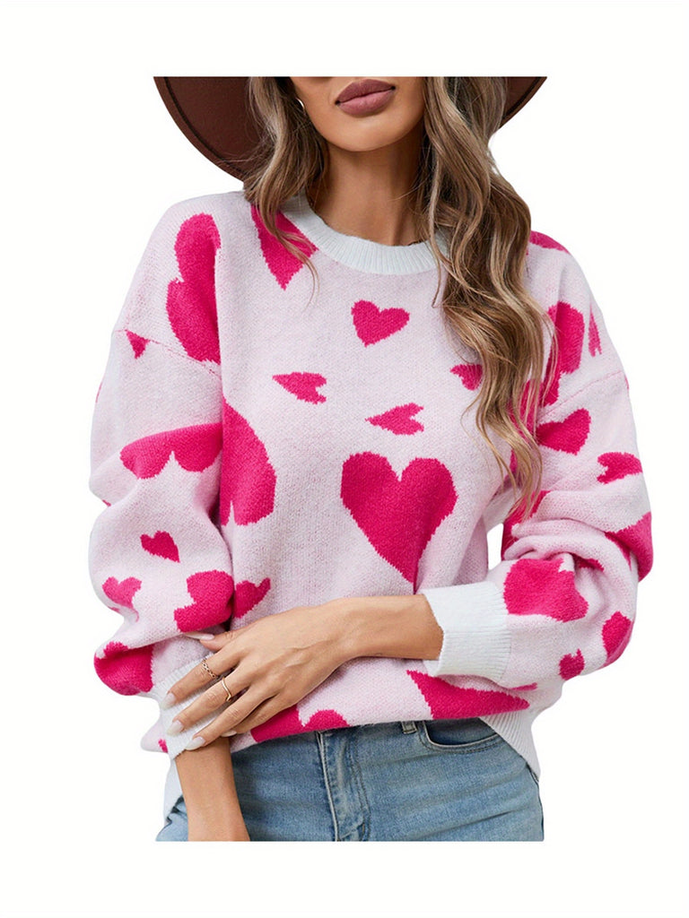 Women's Heart Print Sweater Long Sleeve Round Neck Knitwear Autumn Loose Pullovers