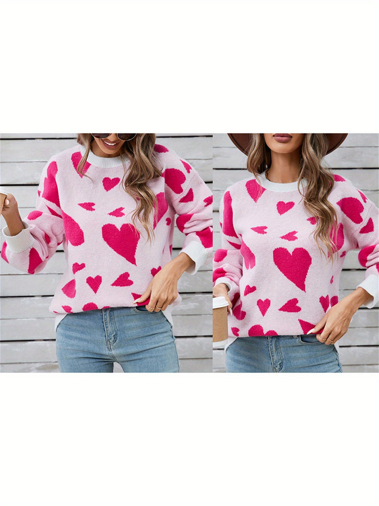 Women's Heart Print Sweater Long Sleeve Round Neck Knitwear Autumn Loose Pullovers