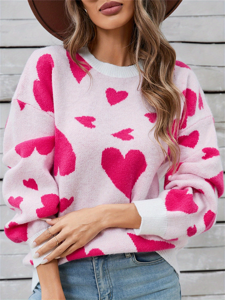 Women's Heart Print Sweater Long Sleeve Round Neck Knitwear Autumn Loose Pullovers