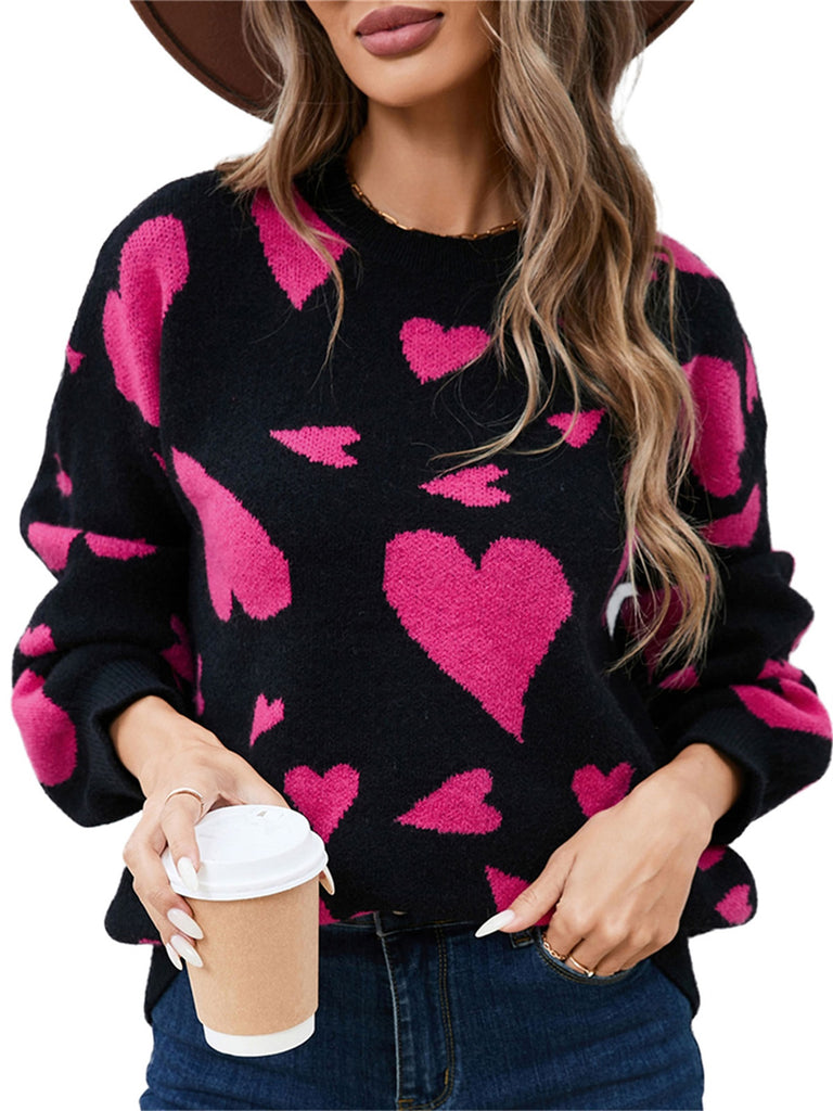 Women's Heart Print Sweater Long Sleeve Round Neck Knitwear Autumn Loose Pullovers