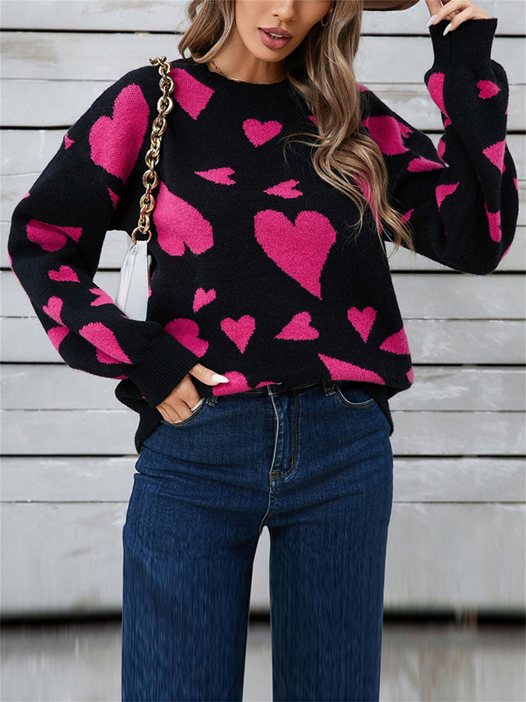 Women's Heart Print Sweater Long Sleeve Round Neck Knitwear Autumn Loose Pullovers