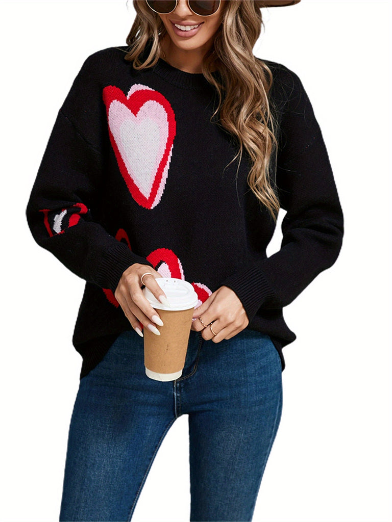 Women's Heart Print Sweaters Long Sleeve Round Neck Oversized Pullover Spring Fall Tops