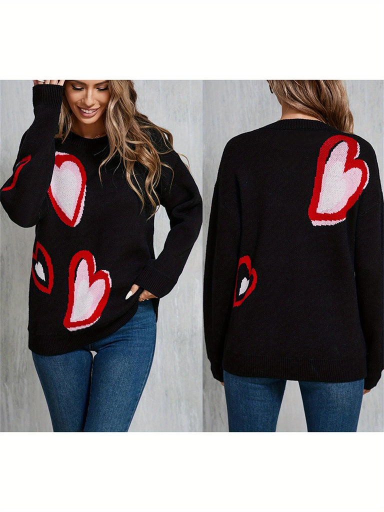 Women's Heart Print Sweaters Long Sleeve Round Neck Oversized Pullover Spring Fall Tops