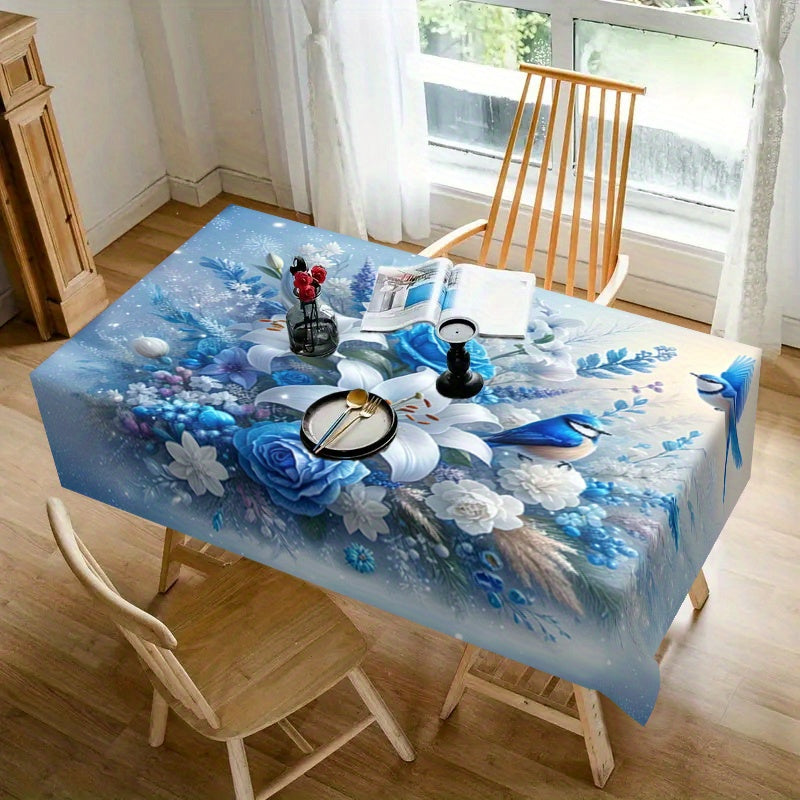 Elegant Polyester Tablecloth with Blue Roses, White Flowers, and Bird Pattern - Suitable for 1-2, 2-4, 4-6, 6-8 Seating Arrangements - Durable, Stain-Proof, and Easy to Care for - Perfect for Home, Kitchen, Dining, and Picnic Decor