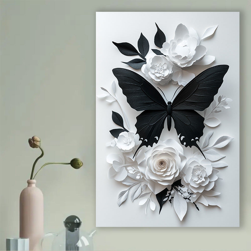 "1pc Framed Abstract Canvas Painting With Inner Frame, A black butterfly was surrounded by flowers and plants, Living Room Bedroom Canvas Painting Light Luxury Living Room Background Wall Painting Studio Hallway Art Hanging Painting, 16x24inch, 12x18