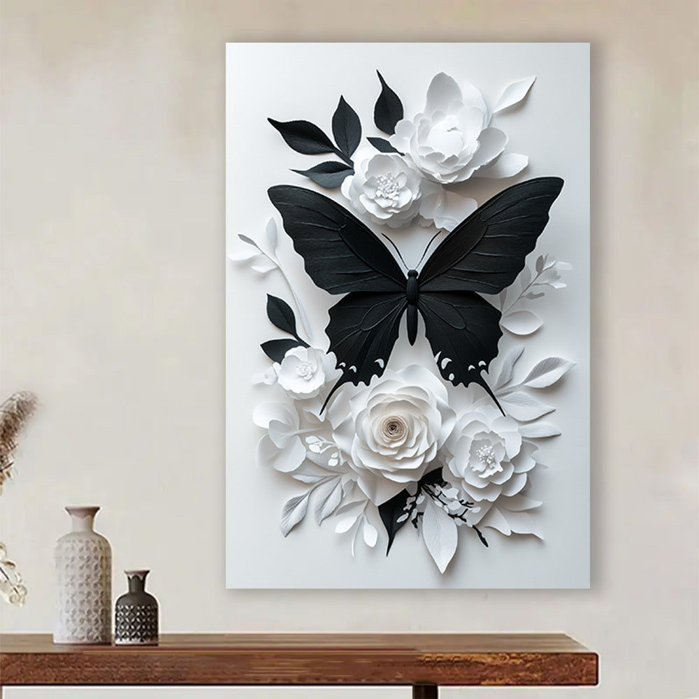 "1pc Framed Abstract Canvas Painting With Inner Frame, A black butterfly was surrounded by flowers and plants, Living Room Bedroom Canvas Painting Light Luxury Living Room Background Wall Painting Studio Hallway Art Hanging Painting, 16x24inch, 12x18