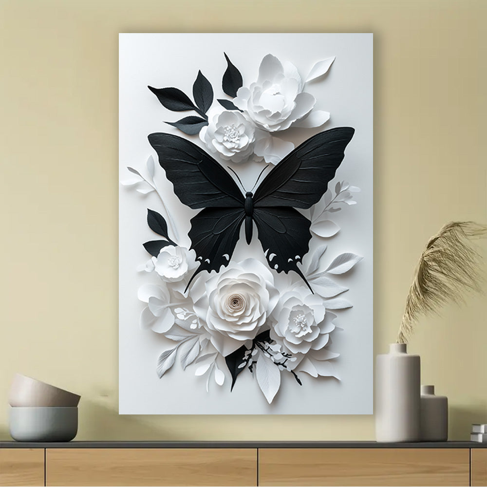 "1pc Framed Abstract Canvas Painting With Inner Frame, A black butterfly was surrounded by flowers and plants, Living Room Bedroom Canvas Painting Light Luxury Living Room Background Wall Painting Studio Hallway Art Hanging Painting, 16x24inch, 12x18