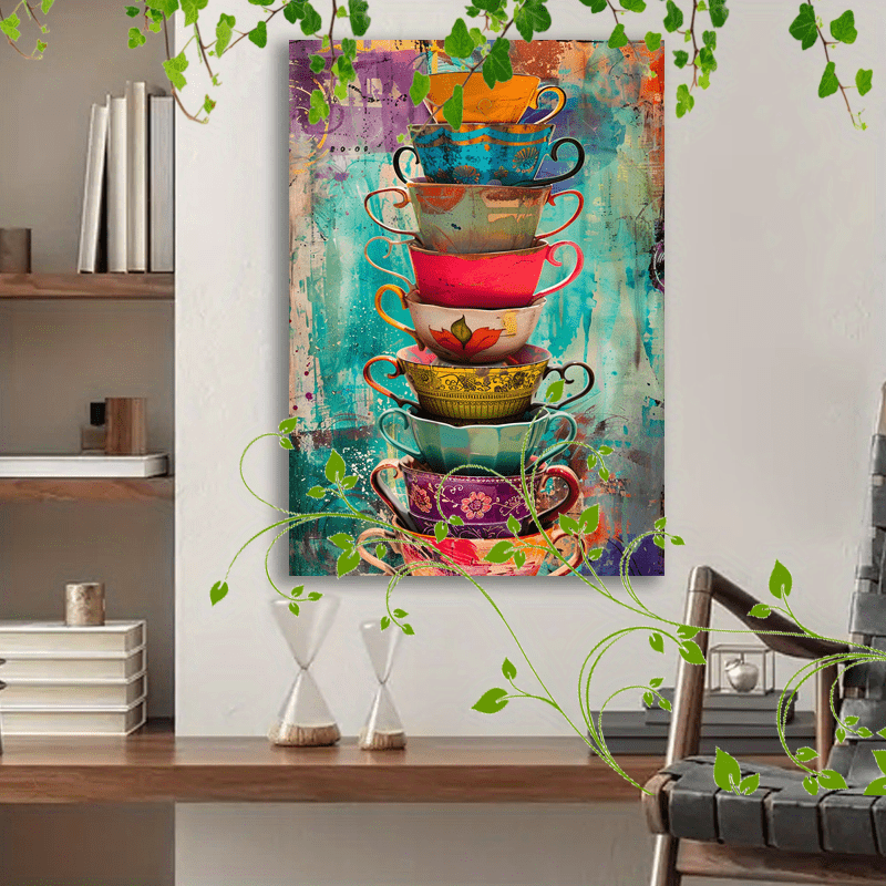1pc Wooden Framed Canvas Painting Artistic printing, corridor home living room decoration suspensibility Colorful stacked teacups collage