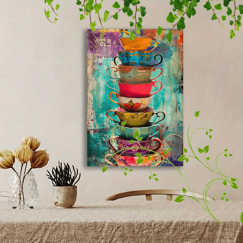 1pc Wooden Framed Canvas Painting Artistic printing, corridor home living room decoration suspensibility Colorful stacked teacups collage