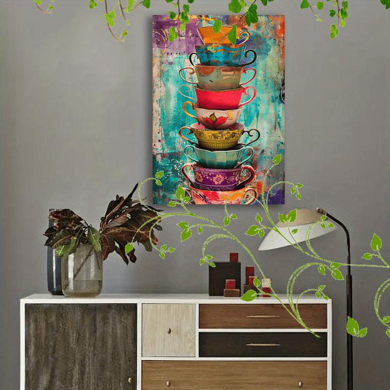 1pc Wooden Framed Canvas Painting Artistic printing, corridor home living room decoration suspensibility Colorful stacked teacups collage