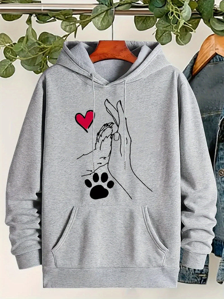 Women's Fashion Hoodie, Geometric Heart & Paw Print, Casual Pullover Sweatshirt, Polyester Knit, Hooded, Drawstring, for Autumn/Winter, Grey/Black