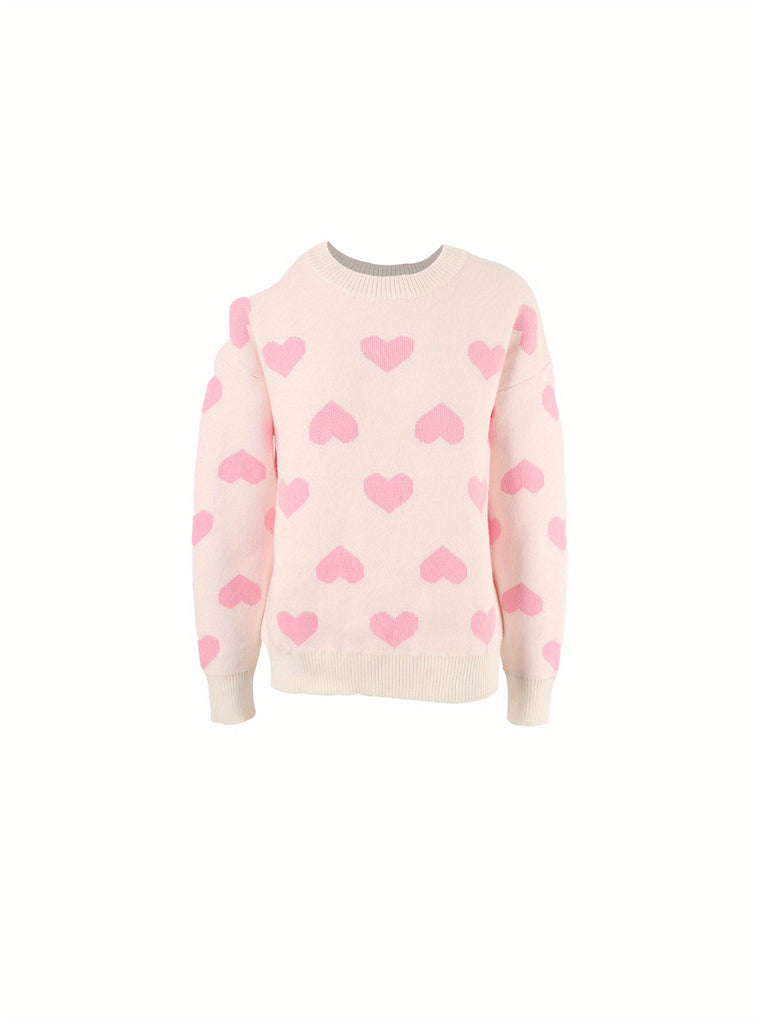 Women's Autumn Winter Knit Sweater Long Sleeve Crewneck Heart Print Loose Knitwear