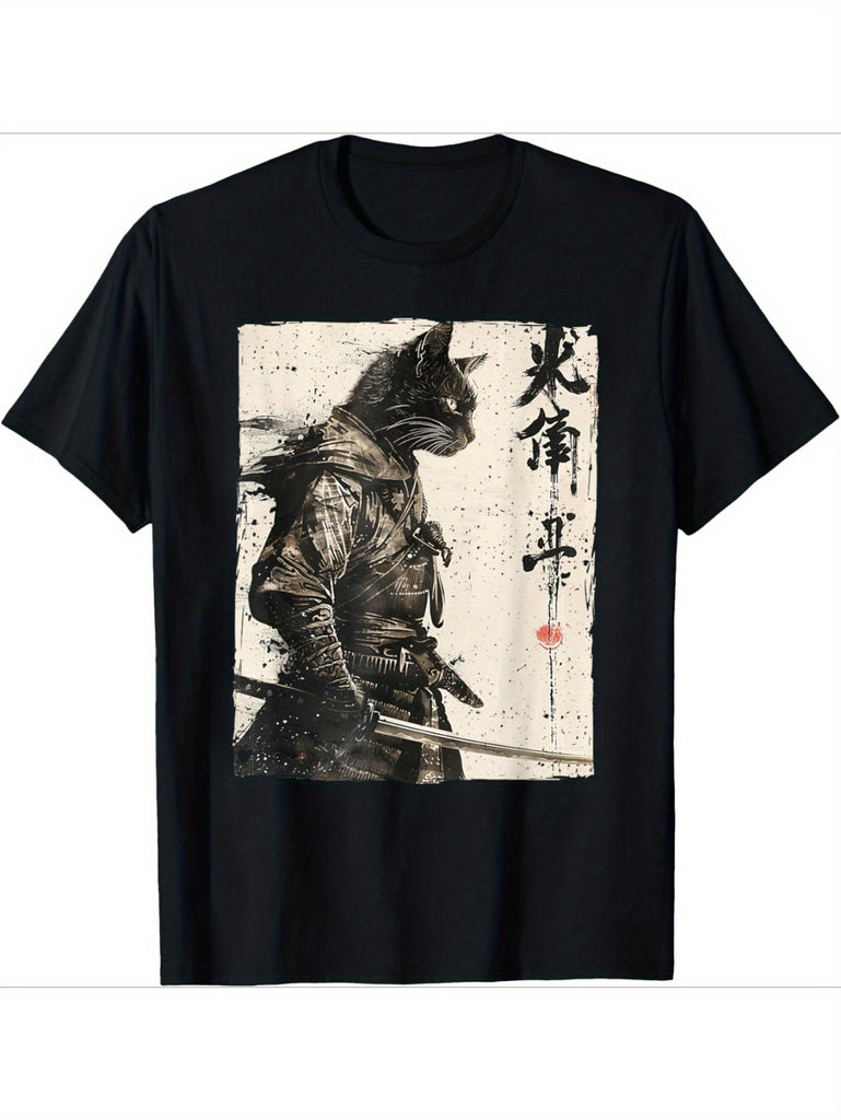 Samurai Cat Warrior Graphic T-Shirt - Black Cotton Tee for Men with Ukiyo Ink Artwork Design