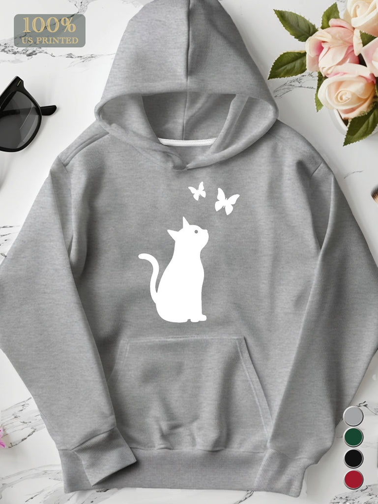 Cute Cat Print Kangaroo Pocket Hoodie, Casual Long Sleeve Hoodies Sweatshirt, Women's Clothing