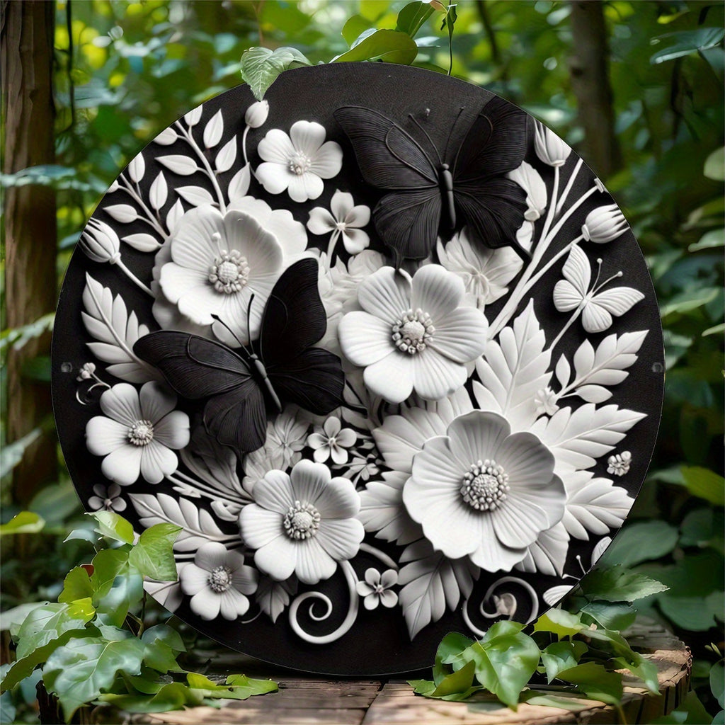 Iron Wall Art Decor, Round Hanging Foil Engraving with Black Butterfly & White Floral Design, Decorative Metal Sign for Bar, Cafe, Club, Kitchen - 1 Piece